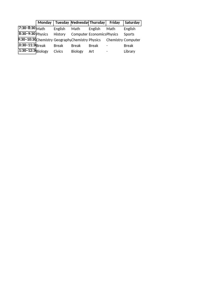 Weekly Timetable With Subjects | PDF
