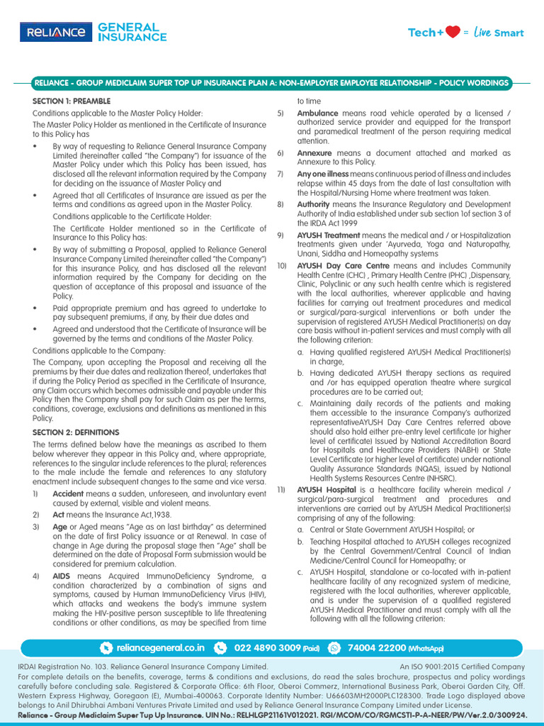 Reliance General Insurance Preauth Form | PDF | Insurance | Deductible