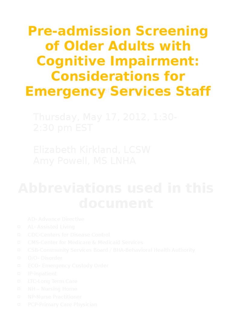 Pre-admission Screening for Cognitive Impairment | PDF | Geriatrics ...