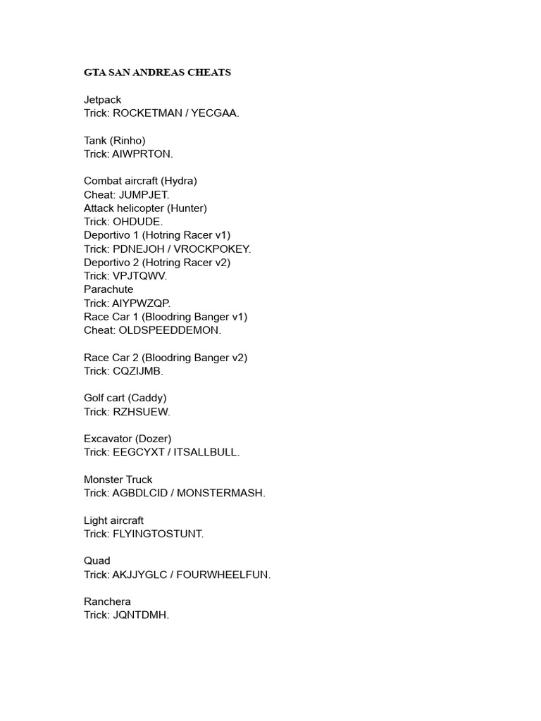 GTA San Andreas Cheat Codes Guide | PDF | Traffic | Vehicles