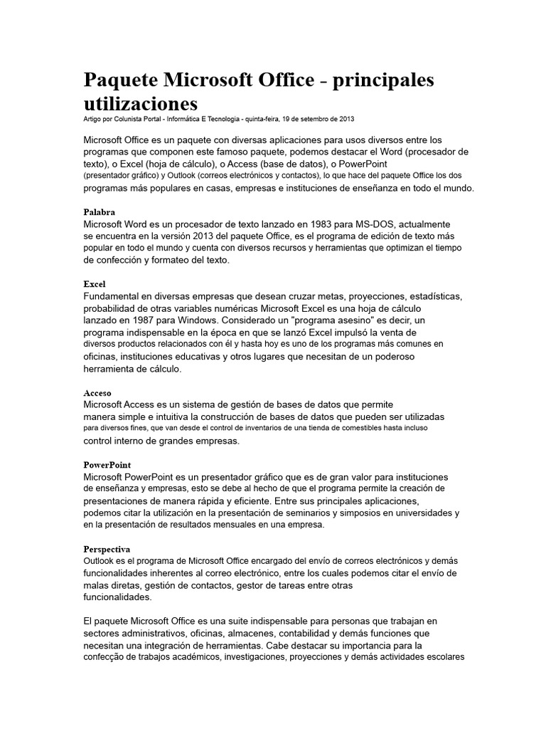 Principales aplicaciones de Microsoft Office | PDF | Microsoft Office ...