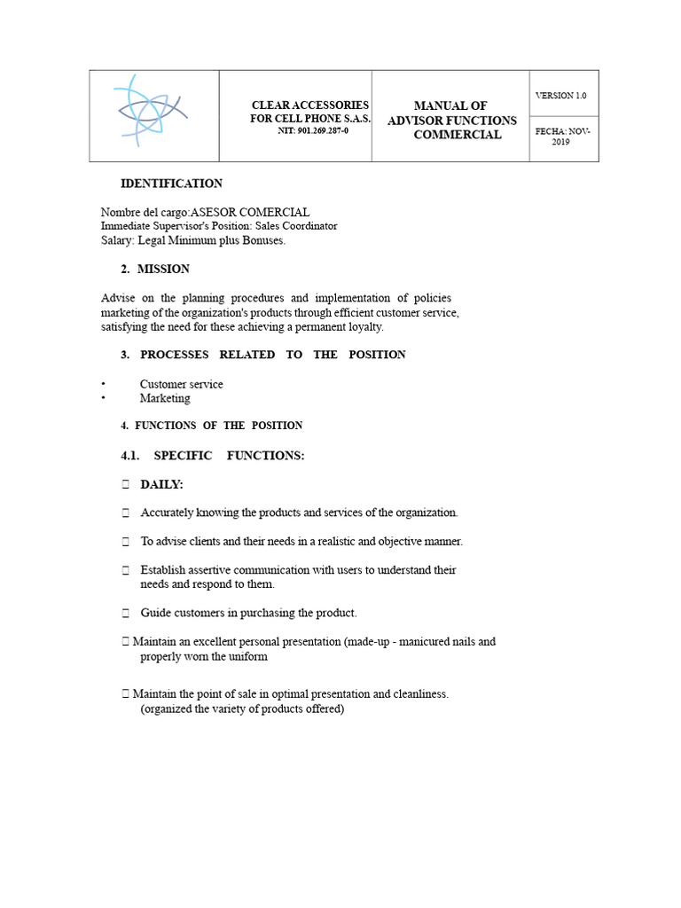 Commercial Advisor Functions Manual | PDF | Marketing | Customer
