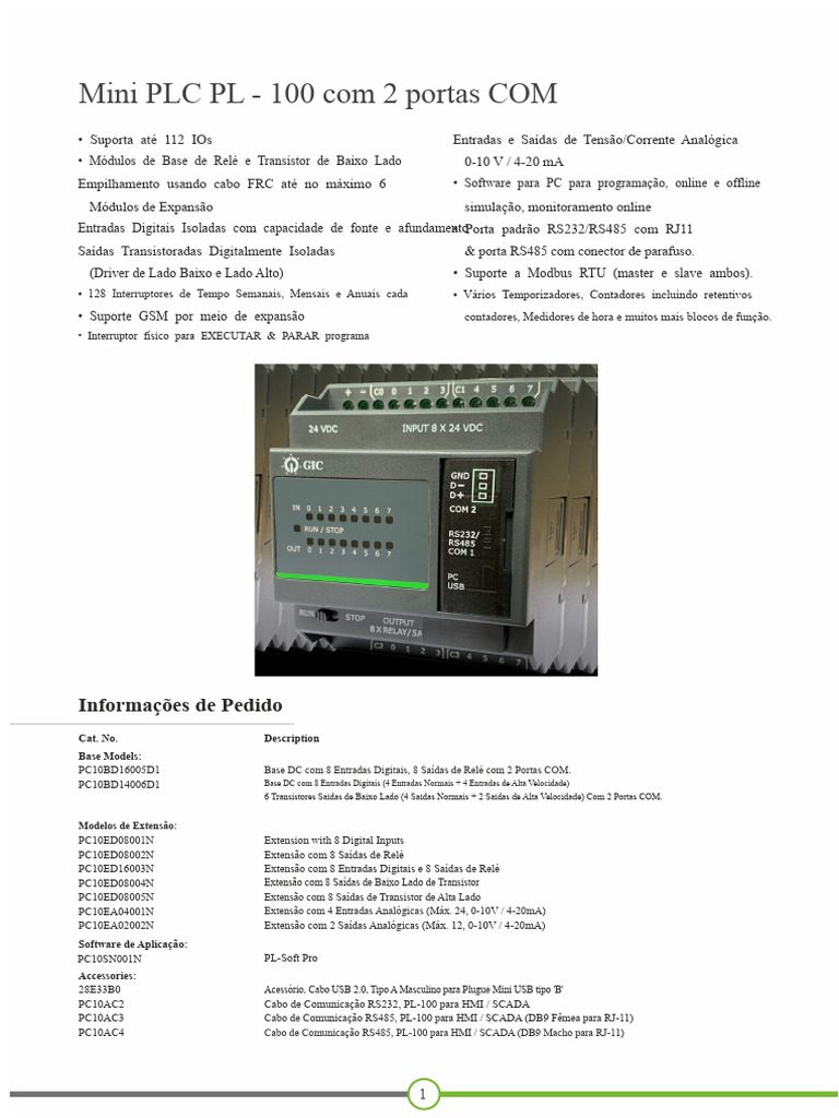 Mini PLC PL-100: 2 Portas COM e 112 IOs | PDF | USB | Controlador ...