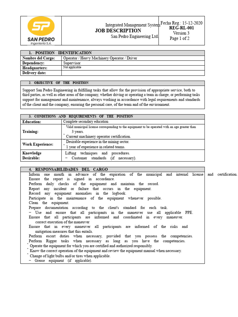 Heavy Machinery Operator Job Description | PDF | Safety