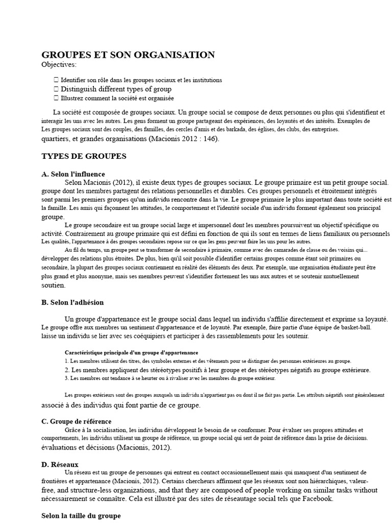 Types et organisation des groupes sociaux | PDF | Identité (Science ...