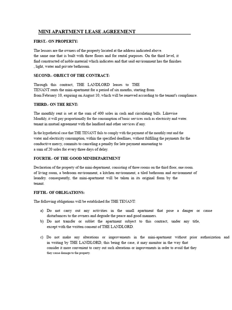 Lease Agreement For Mini Apartment | PDF | Lease | Landlord