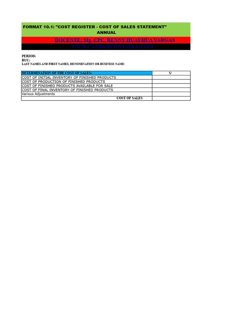 Format 10.1 - Cost Registration - Annual Sales Cost Statement | PDF