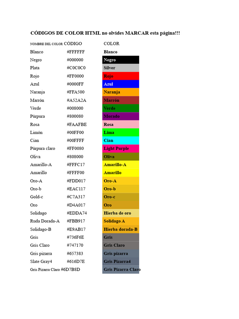 Códigos de Color HTML y Nombres | PDF | Color | HTML