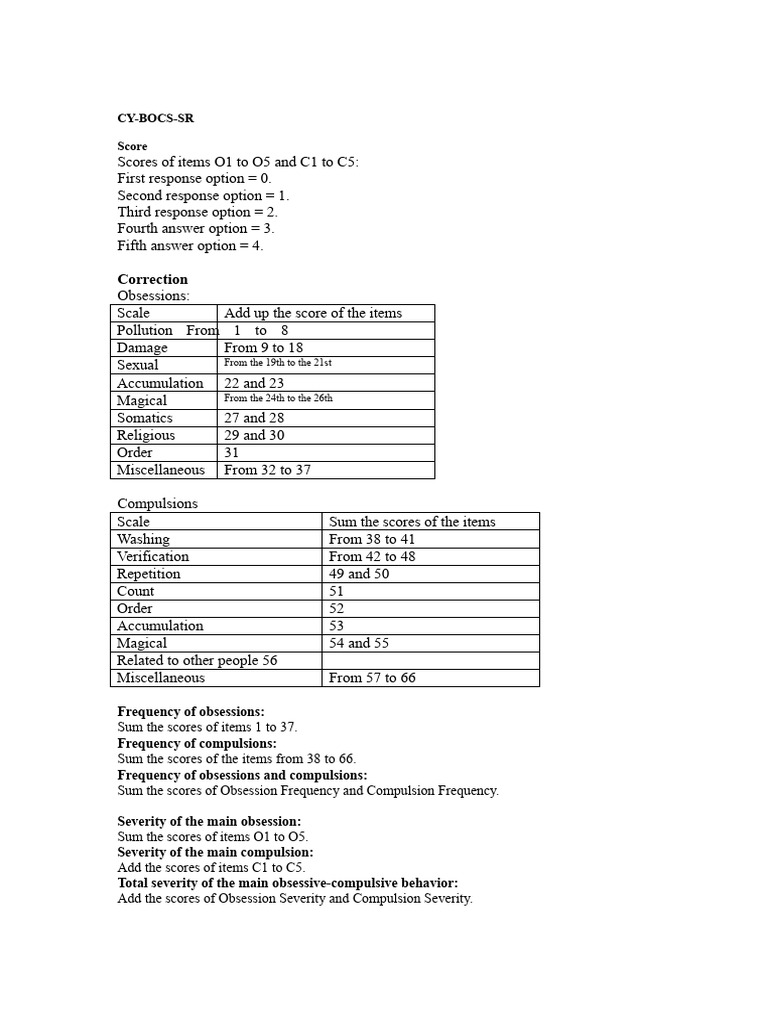 CY-BOCS-SR Scoring Guide | PDF | Obsessive–Compulsive Disorder ...