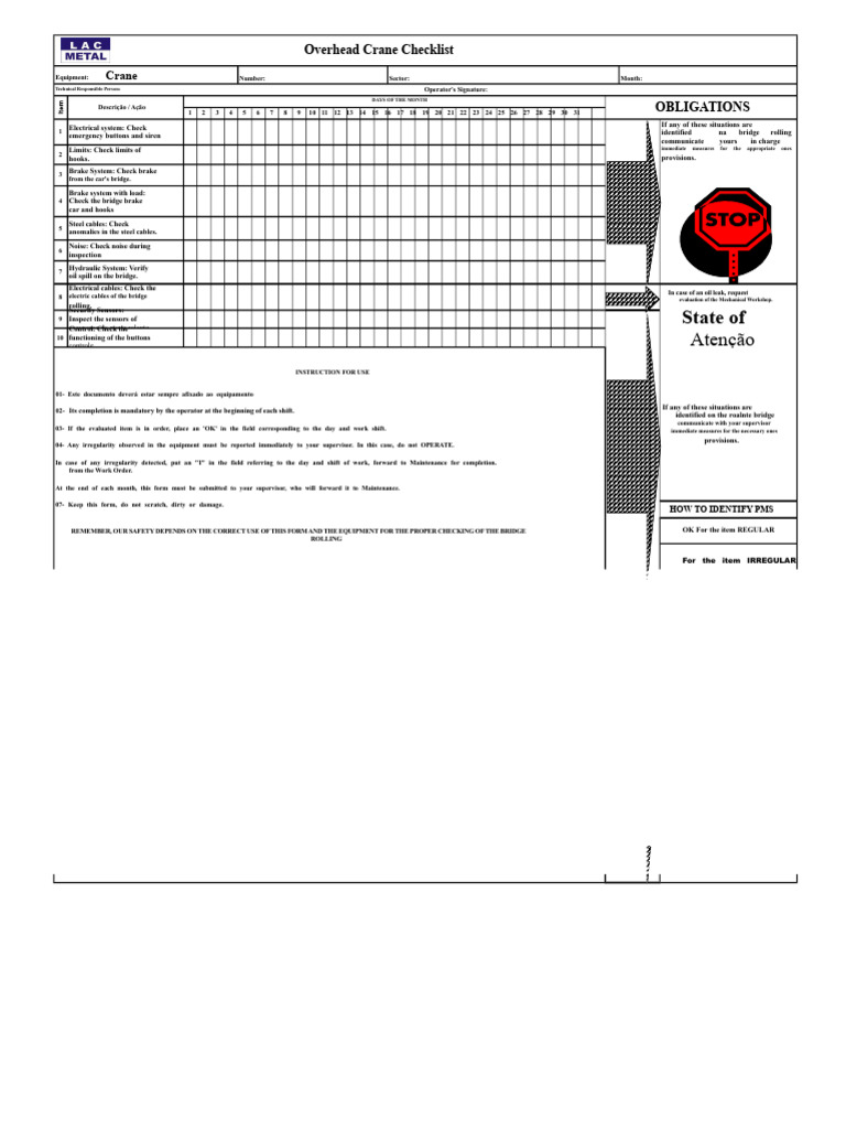 Overhead Crane Safety Checklist | PDF | Crane (Machine)