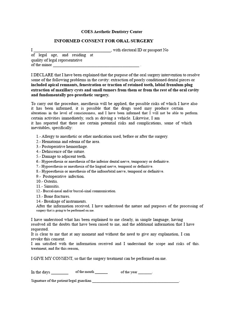 Informed Consent For Surgery | PDF | Surgery | Anesthesia