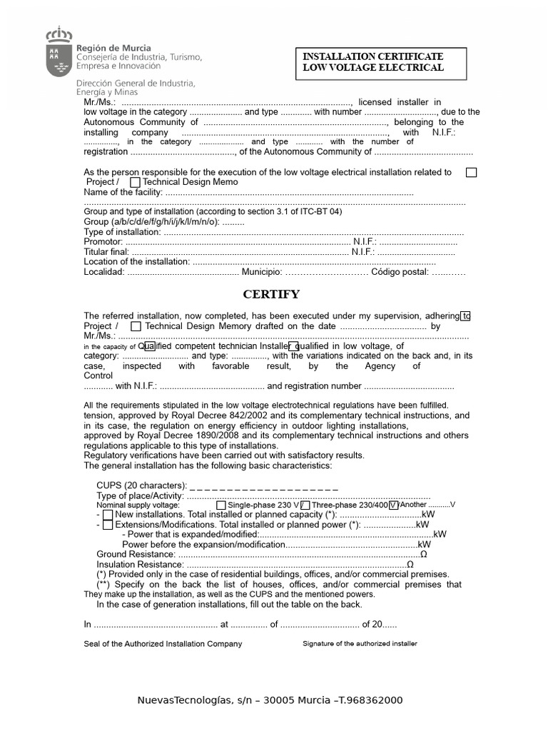 Low Voltage Electrical Installation Certificate | PDF | Watt | Physical ...