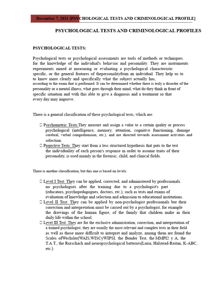 Psychological Tests and Criminological Profiles | PDF | Psychology ...