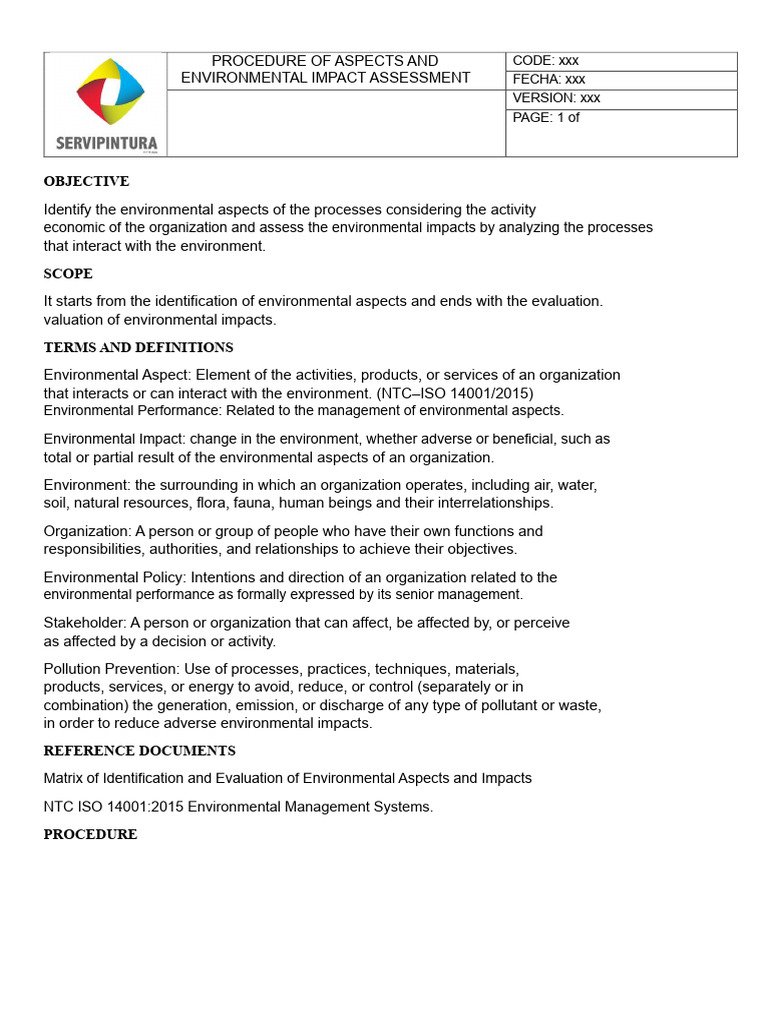 Environmental Aspects Procedure | PDF | Environmental Impact Assessment ...