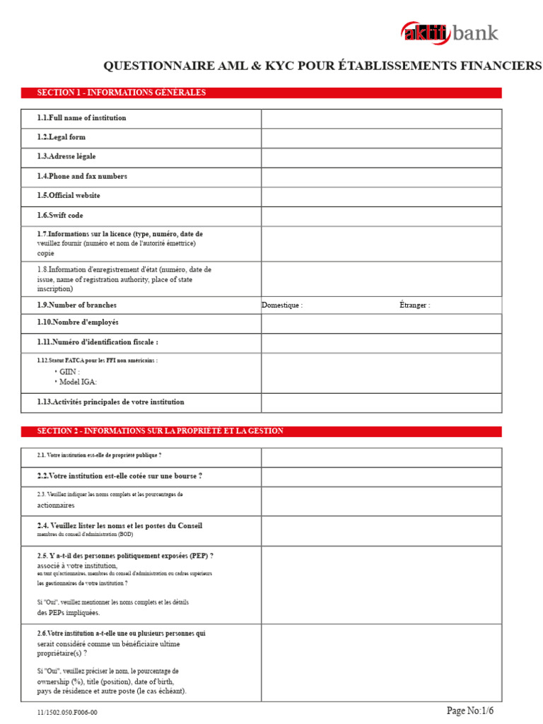 Questionnaire AML et KYC pour Institutions Financières | PDF ...