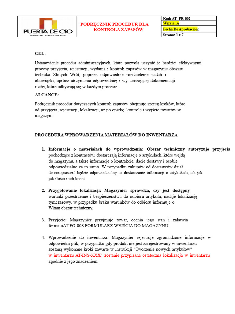 Instrukcja Procedur Zarządzania Zapasami | PDF