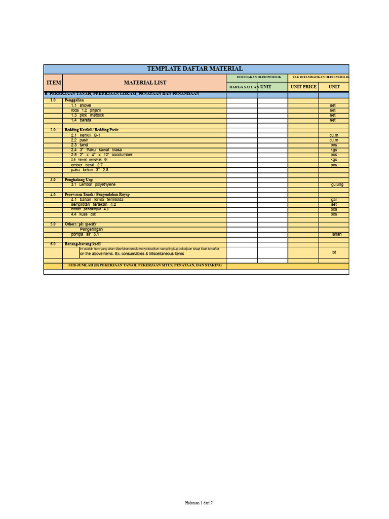 Template Daftar Material Konstruksi | PDF