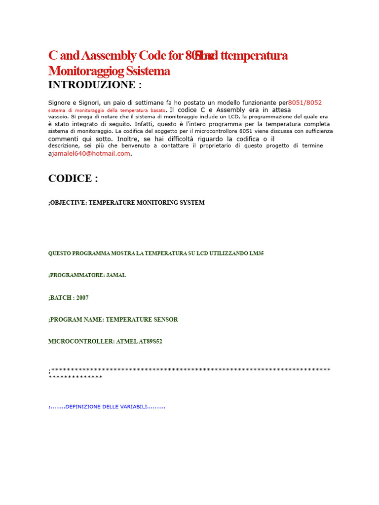 Codice C e Assembly Per Un Sistema Di Monitoraggio Della Temperatura ...
