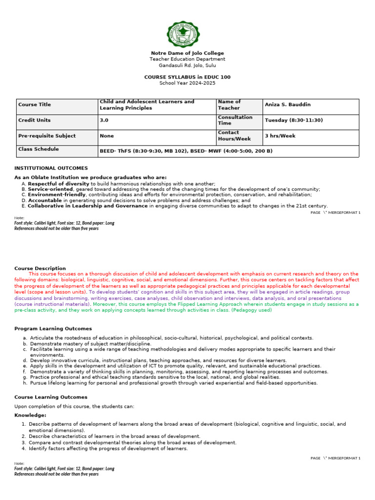 New Syllabus Template of Notre Dame of Jolo College. | PDF | Learning ...