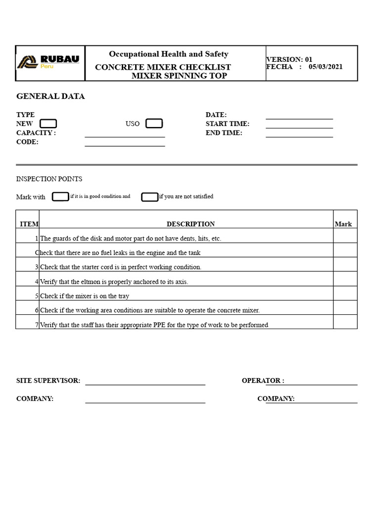 Concrete Mixer Safety Checklist | PDF