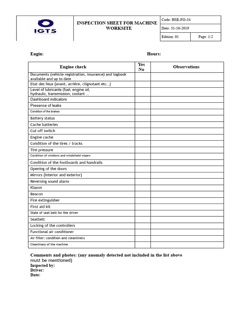 HSE-FO-34 - Construction Equipment Checklist | PDF