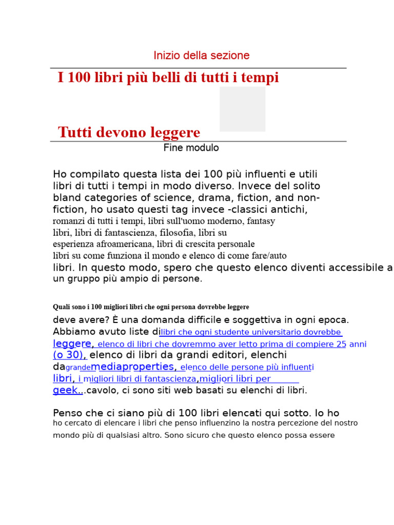 I 100 Migliori Libri Di Tutti I Tempi Che Tutti Devono Leggere | PDF