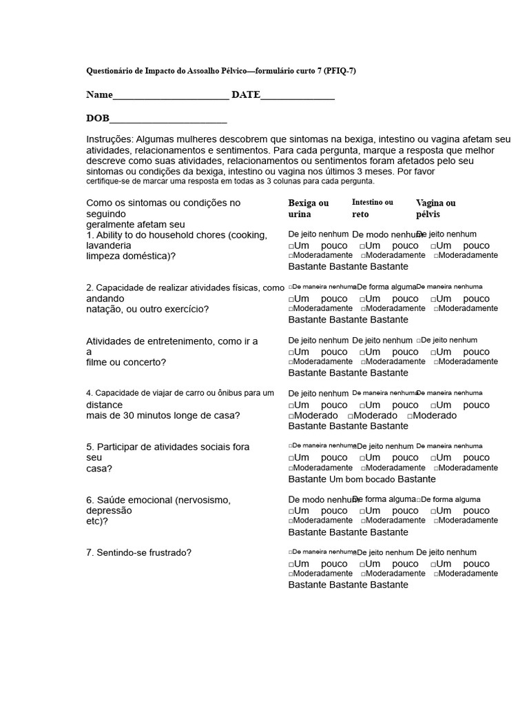 Questionário PFIQ-7 sobre Sintomas Pélvicos | PDF | Pélvis