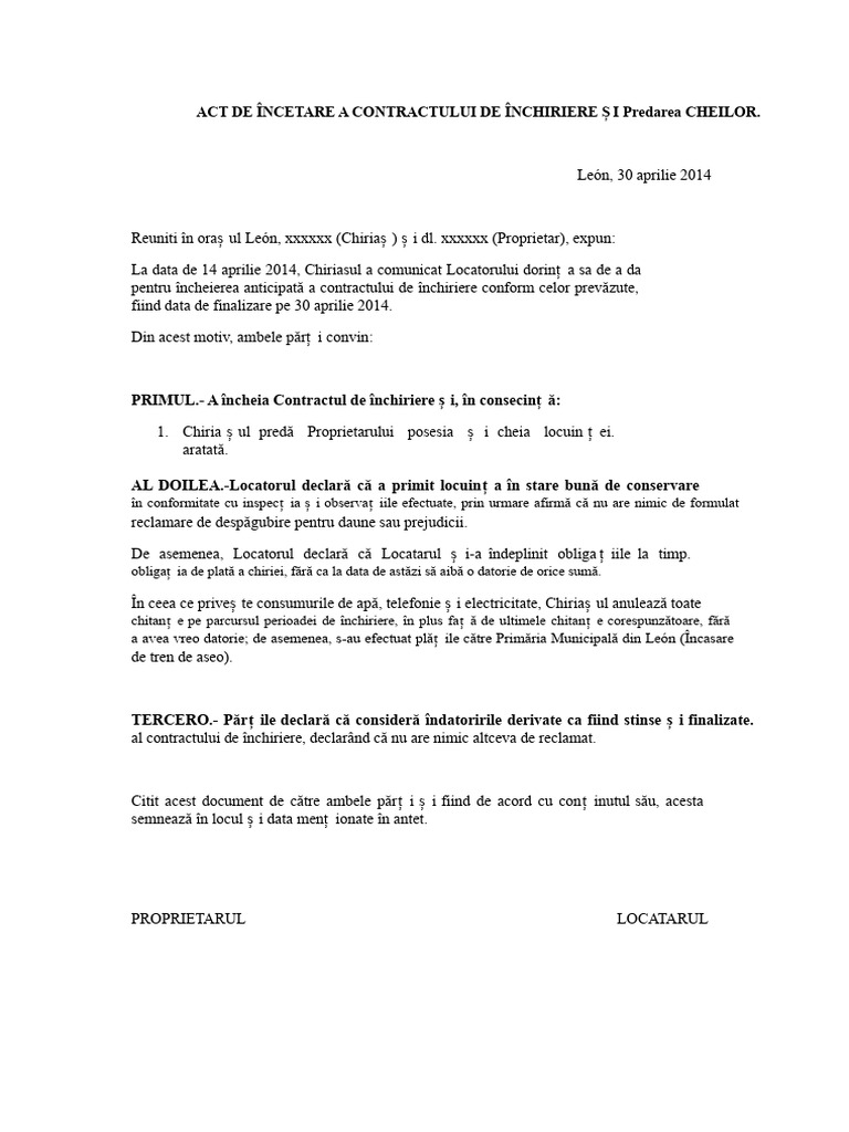 Act de Încheiere A Contractului de Închiriere Și Predare A Cheilor | PDF