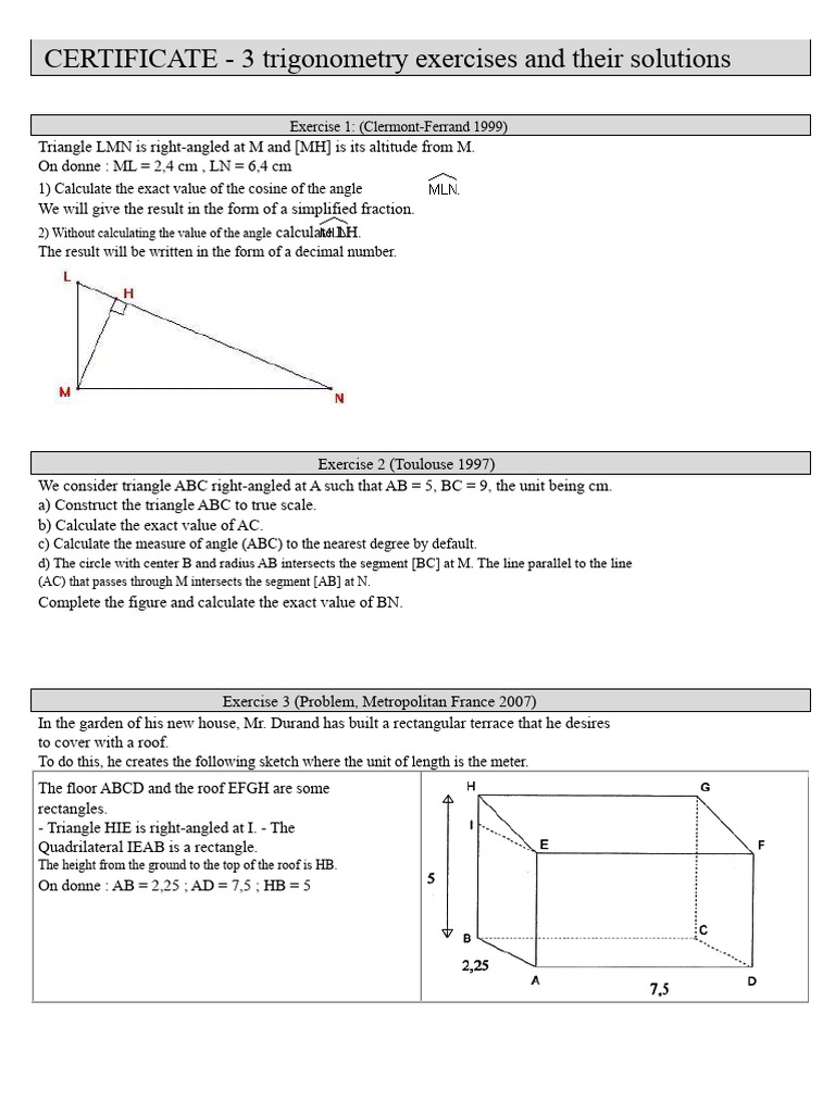 3 exercises of corrected trigonometry for the diploma | PDF | Triangle ...