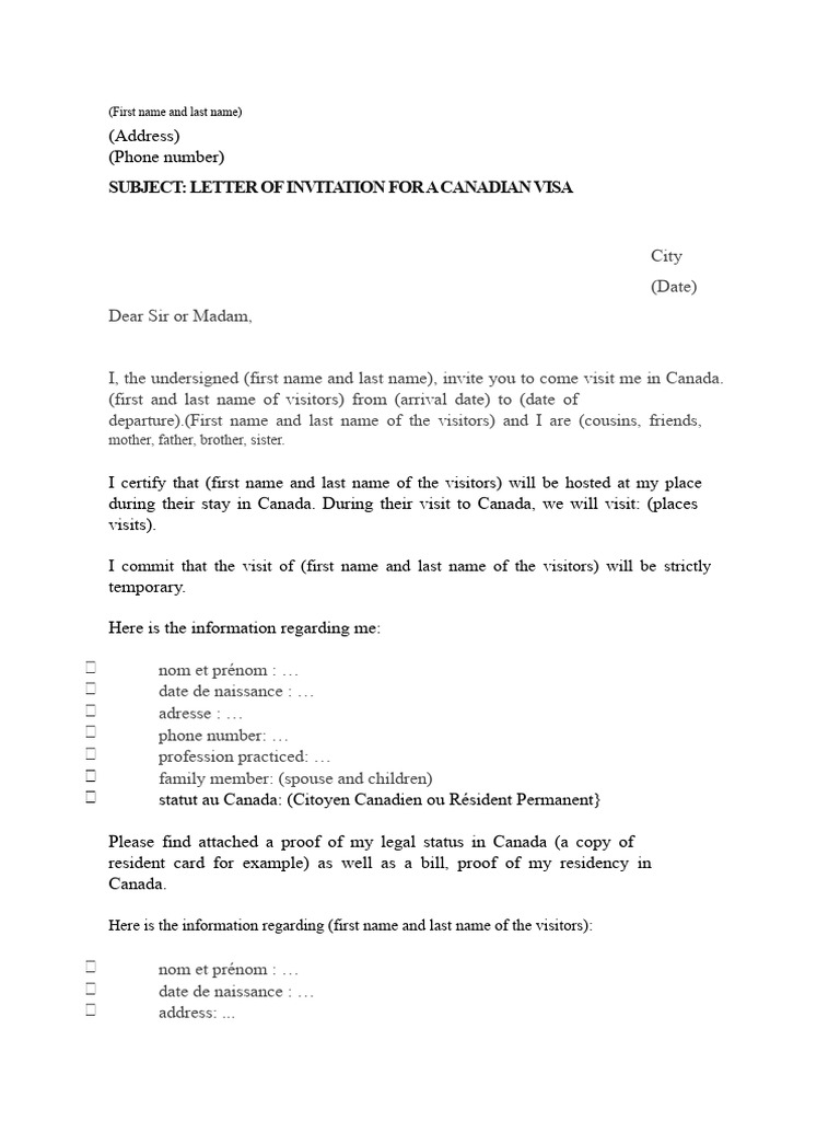 Invitation Letter for Canadian Visa | PDF