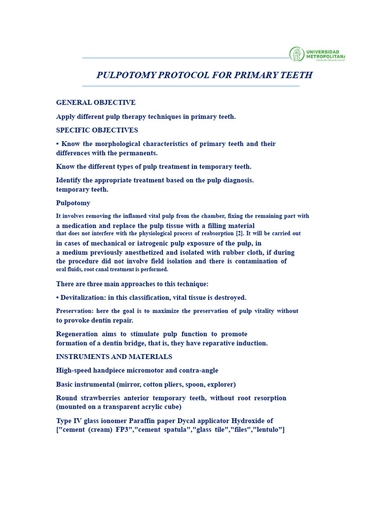Protocol For Pulpotomy of Primary Teeth | PDF | Medical Specialties ...