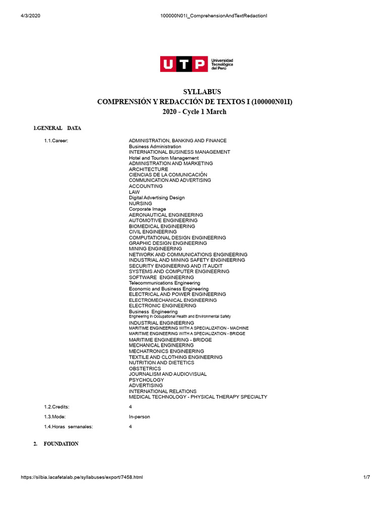 Syllabus Understanding and Writing of Texts I UTP | PDF | Engineering ...