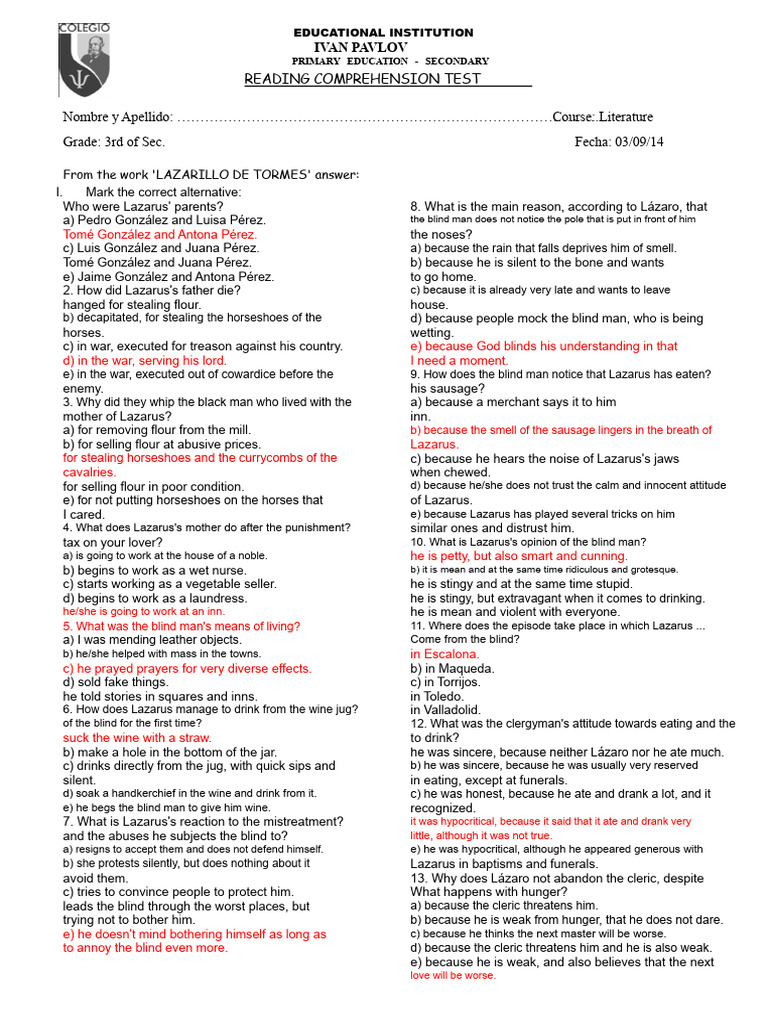 Lazarillo de Tormes Exam Page 60 | PDF