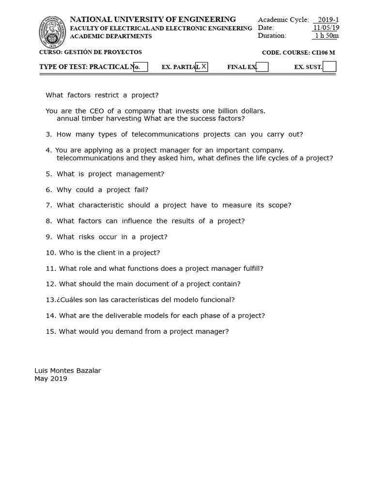 Partial Exam Project Management 2019-1 | PDF