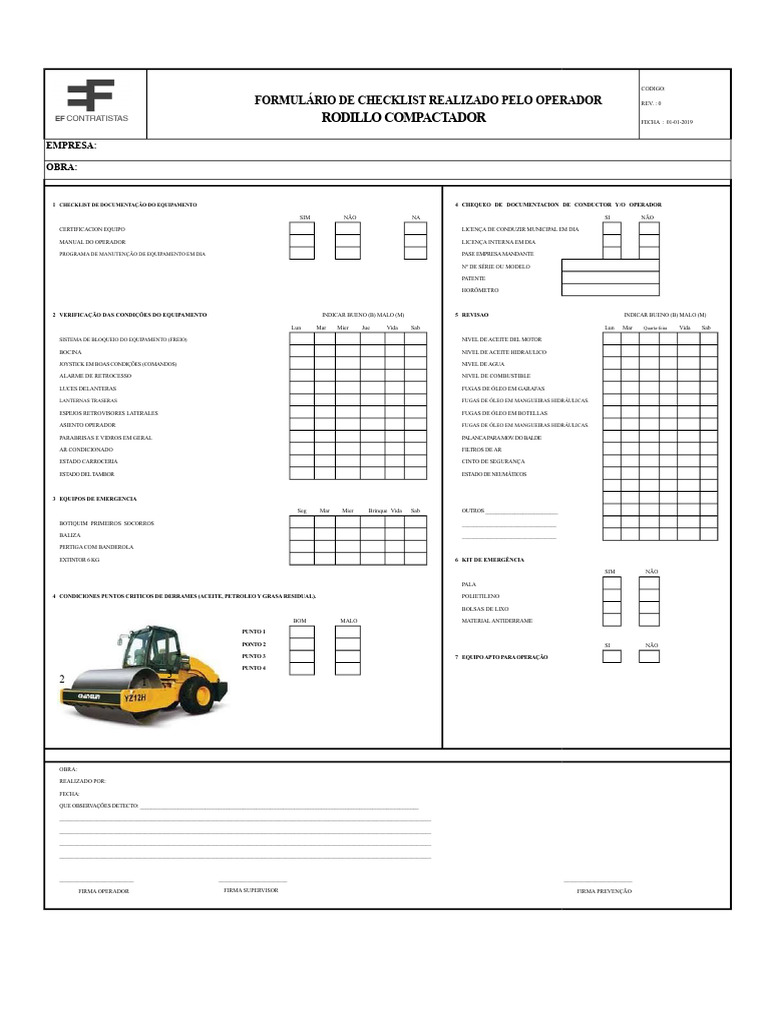 Checklist Operacional para Rodillo Compactador | PDF