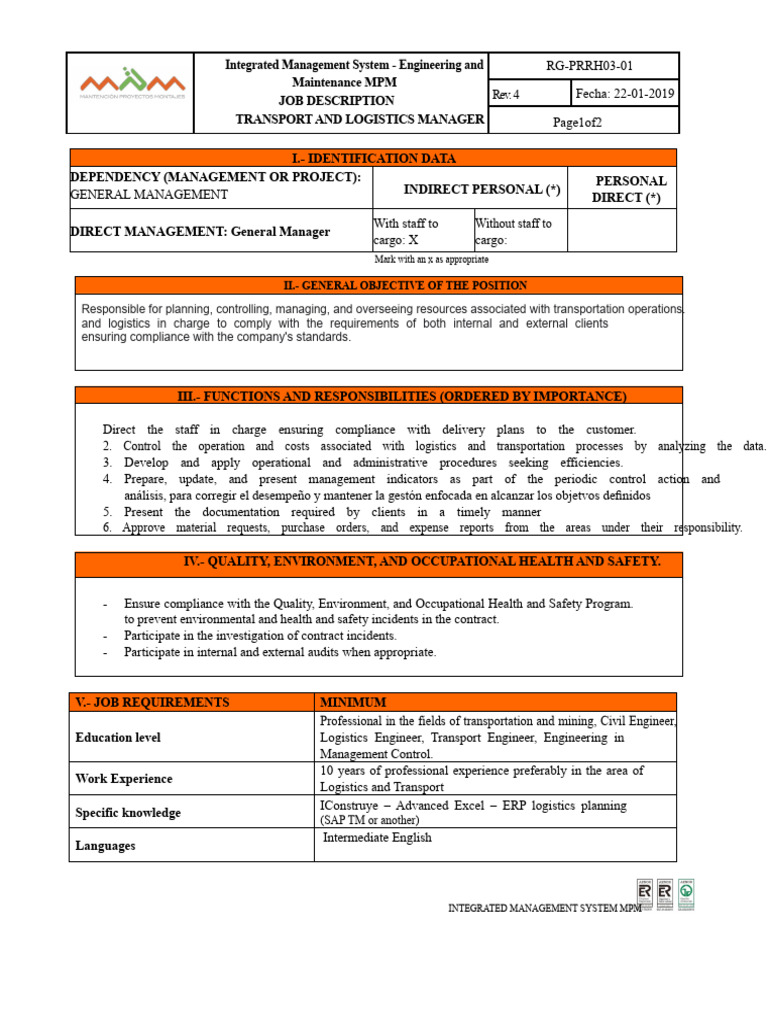 Transport and Logistics Manager Role | PDF | Logistics | Regulatory ...