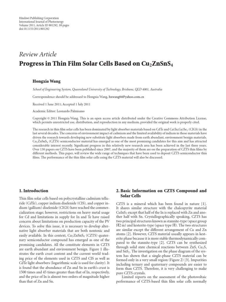 Progress in Thin Film Solar Cells Based On Cu2ZnSnS | PDF | Thin Film ...