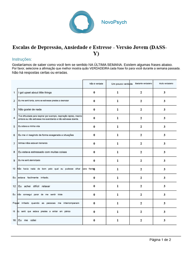 Escalas de Depressão, Ansiedade e Estresse - Versão Juvenil | PDF ...