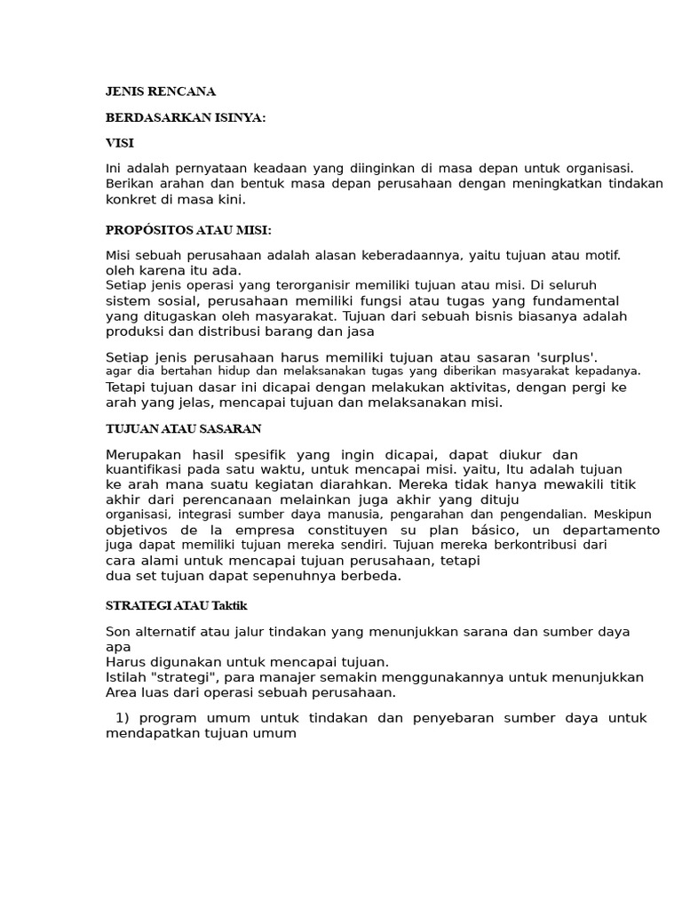 Jenis Rencana dalam Manajemen Bisnis | PDF