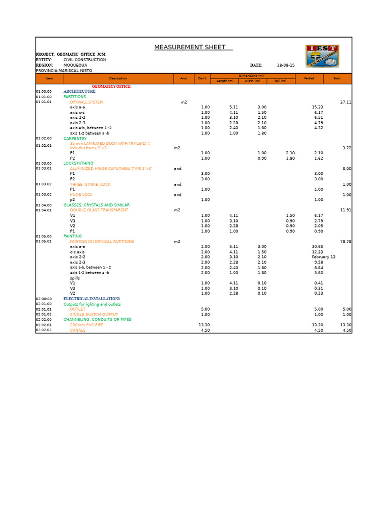 Geomatics Office Measurement Sheet | PDF | Building Technology ...