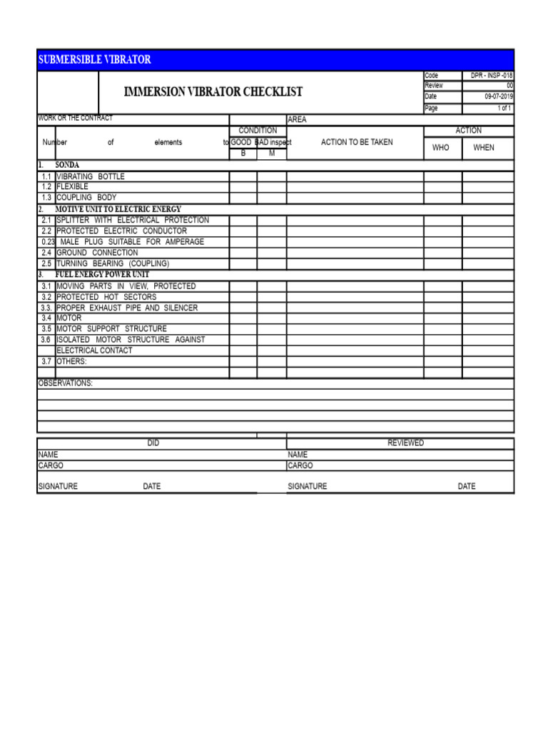 Immersion Vibrator Checklist PDF | PDF