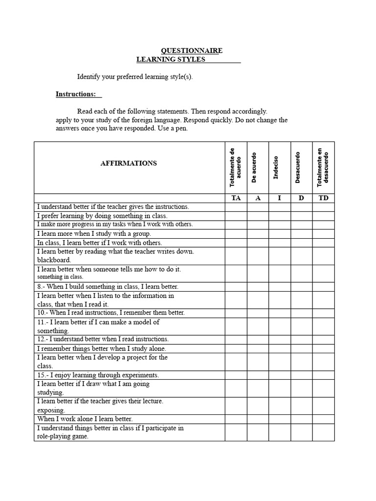 Learning Styles Questionnaire Guide | PDF | Learning Styles | Cognitive ...