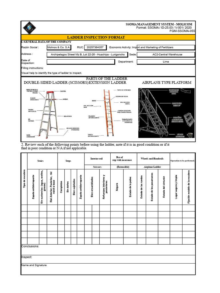 Ladder Inspection Format - SSOMA System | PDF
