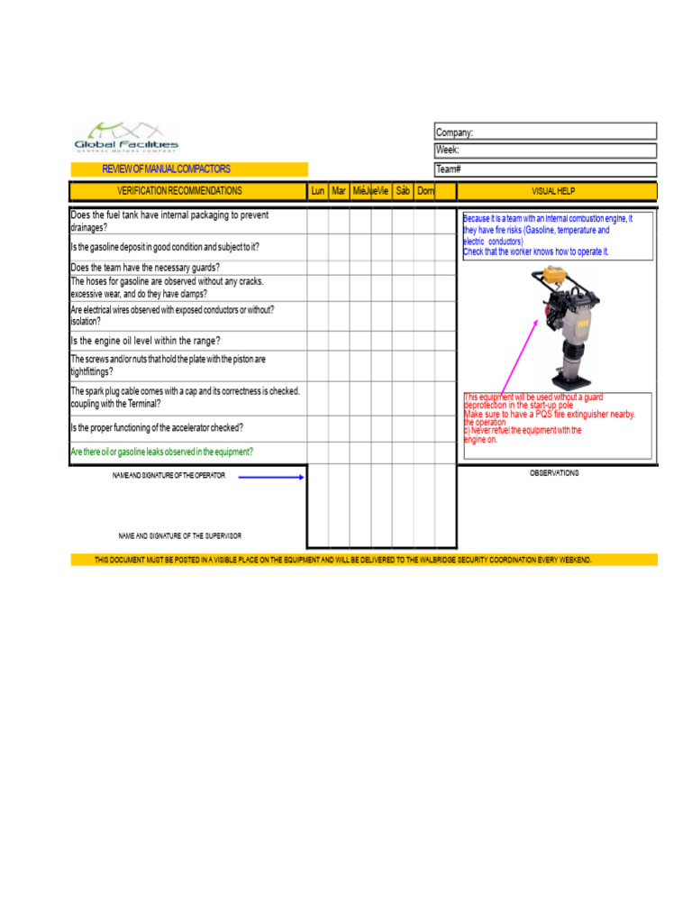 Manual Compactor Safety Review Checklist | PDF | Gasoline | Engines