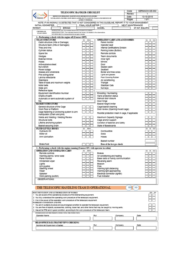 Telehandler Checklist 2 | PDF | Tire | Engines