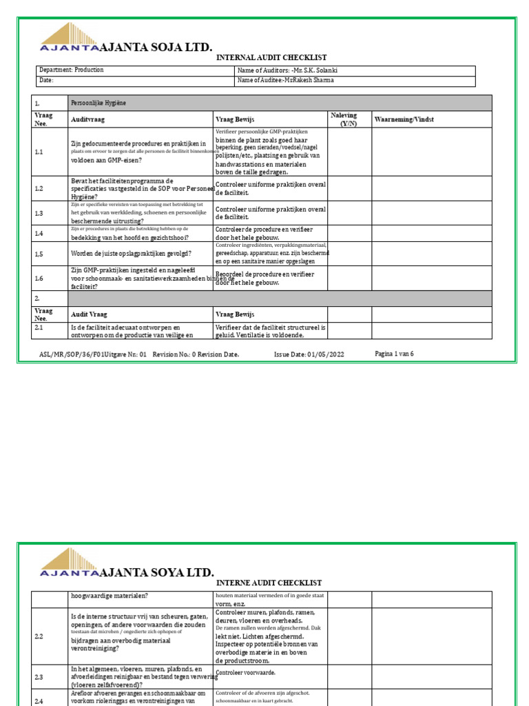 Interne Audit Checklist PRODUCTIE | PDF