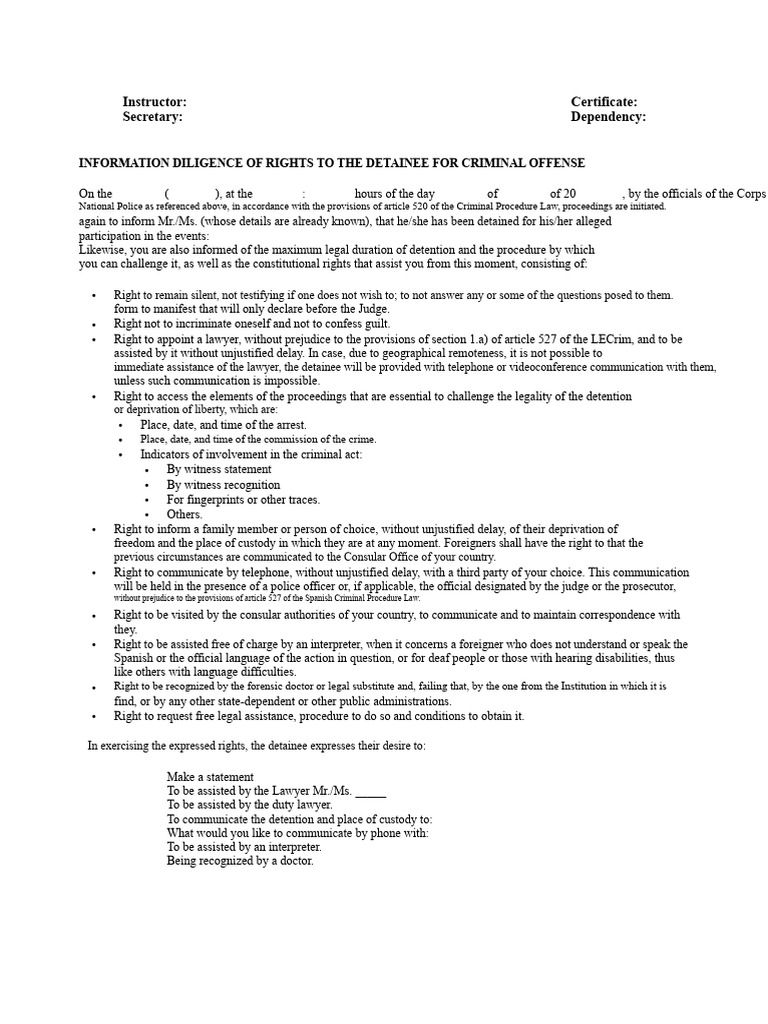 Detainee Rights in Criminal Proceedings | PDF | Arrest | Right To Silence