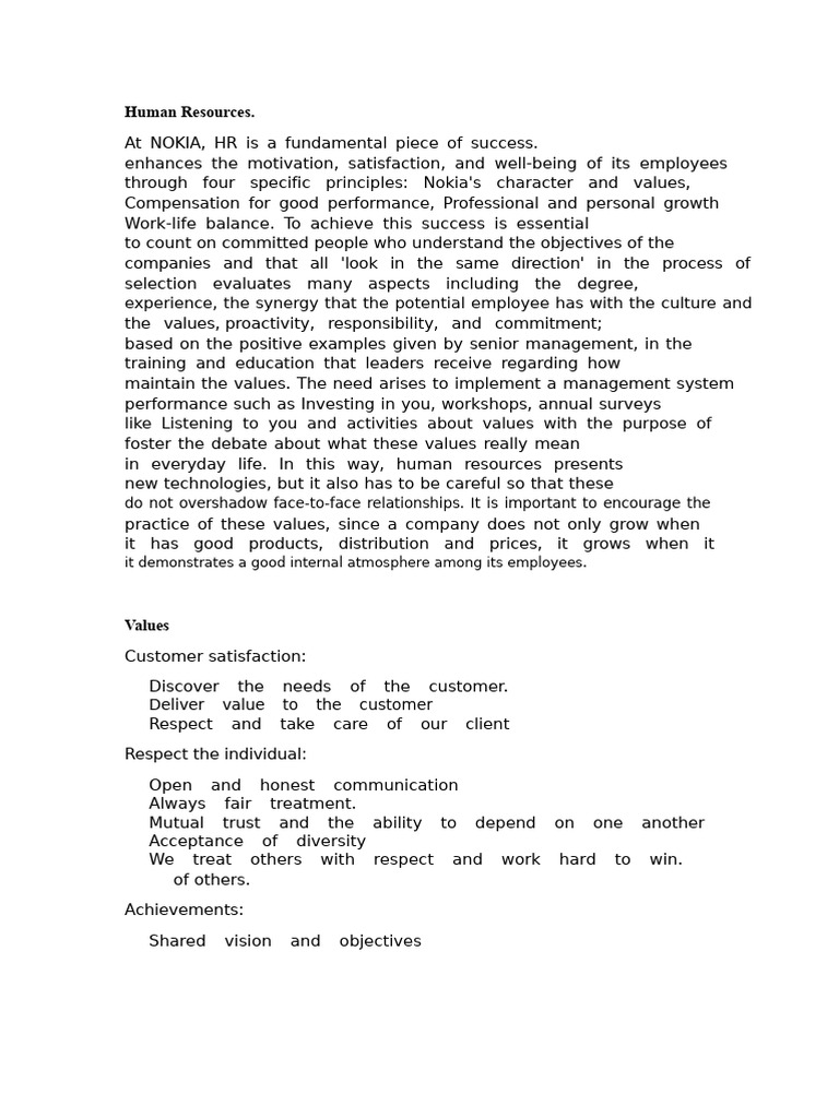Nokia's Core Values and HR Principles | PDF | Human Resources | Leadership