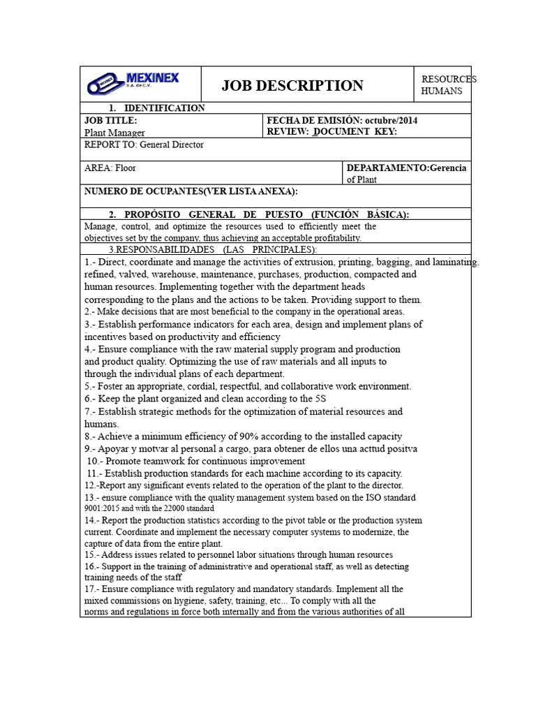 Plant Manager Job Description Overview | PDF | Regulatory Compliance ...