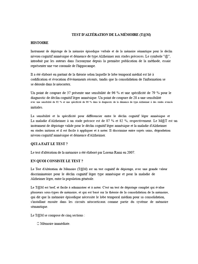 Test T@M : Dépistage Alzheimer et mémoire | PDF | Maladie d'Alzheimer ...